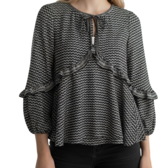 MAX STUDIO NWT Ruffled Tie Neck Balloon Sleeve Blouse Black White Pattern Size S - Picture 1 of 11